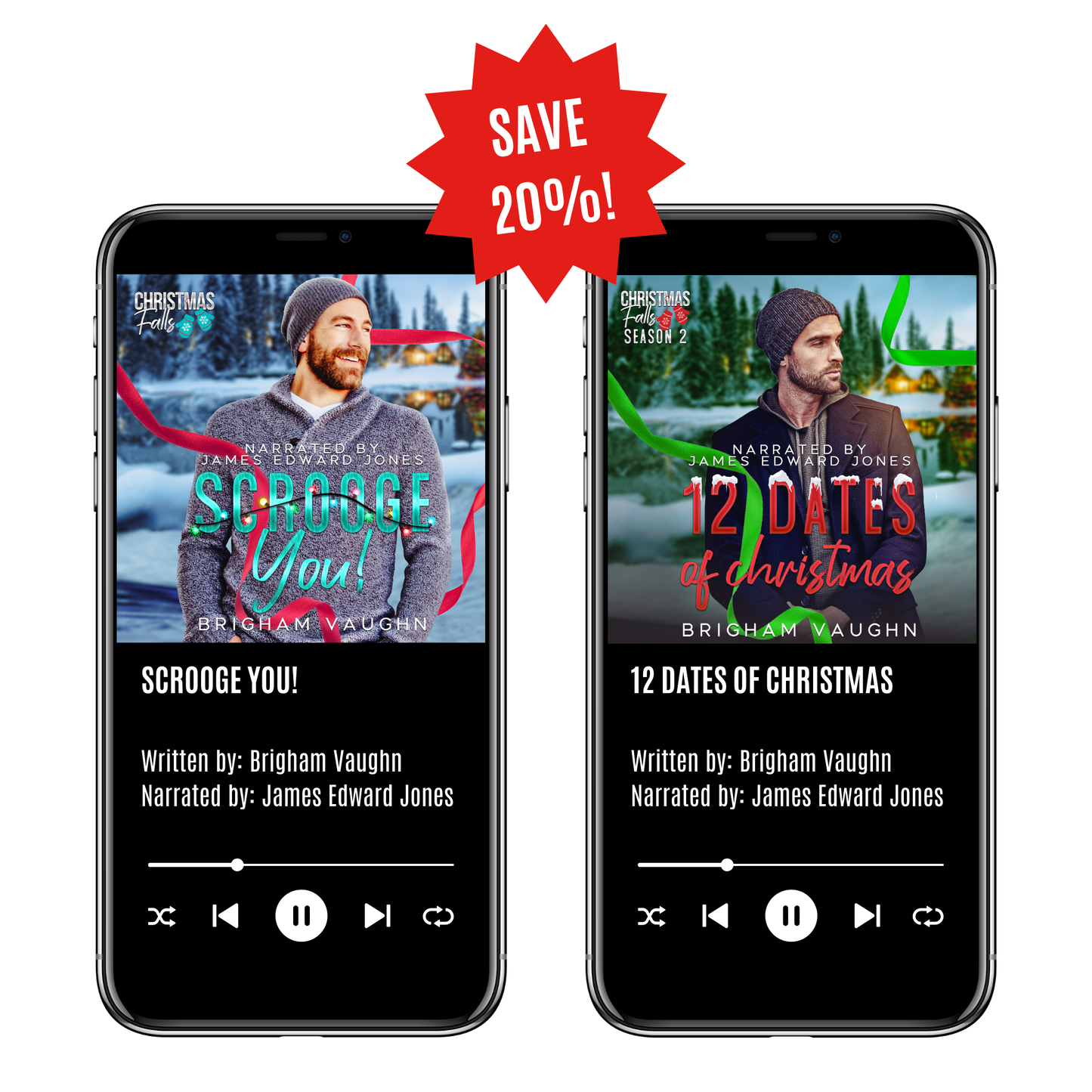 Two smartphone screens displaying audiobook covers for Scrooge You and 12 Dates of Christmas by Brigham Vaughn. Promotional text on a white background saying Save 20%