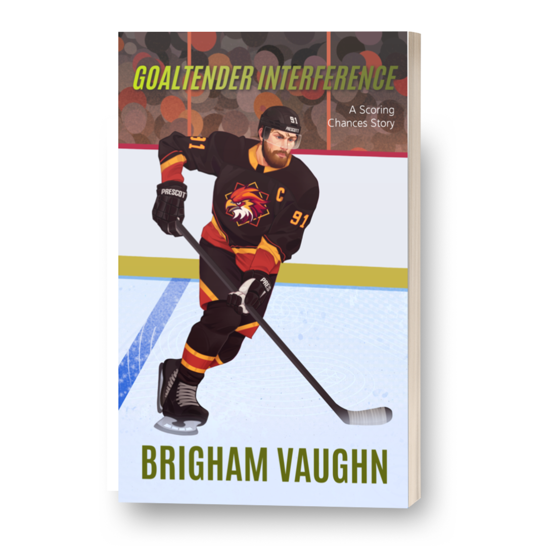 Mockup of illustrated signed special edition paperback book cover of 'Goaltender Interference' book 1 in the Scoring Chances Series by Brigham Vaughn on a white background. Cover contains illustrated hockey player Connor O'Shea in a Boston Harriers uniform.