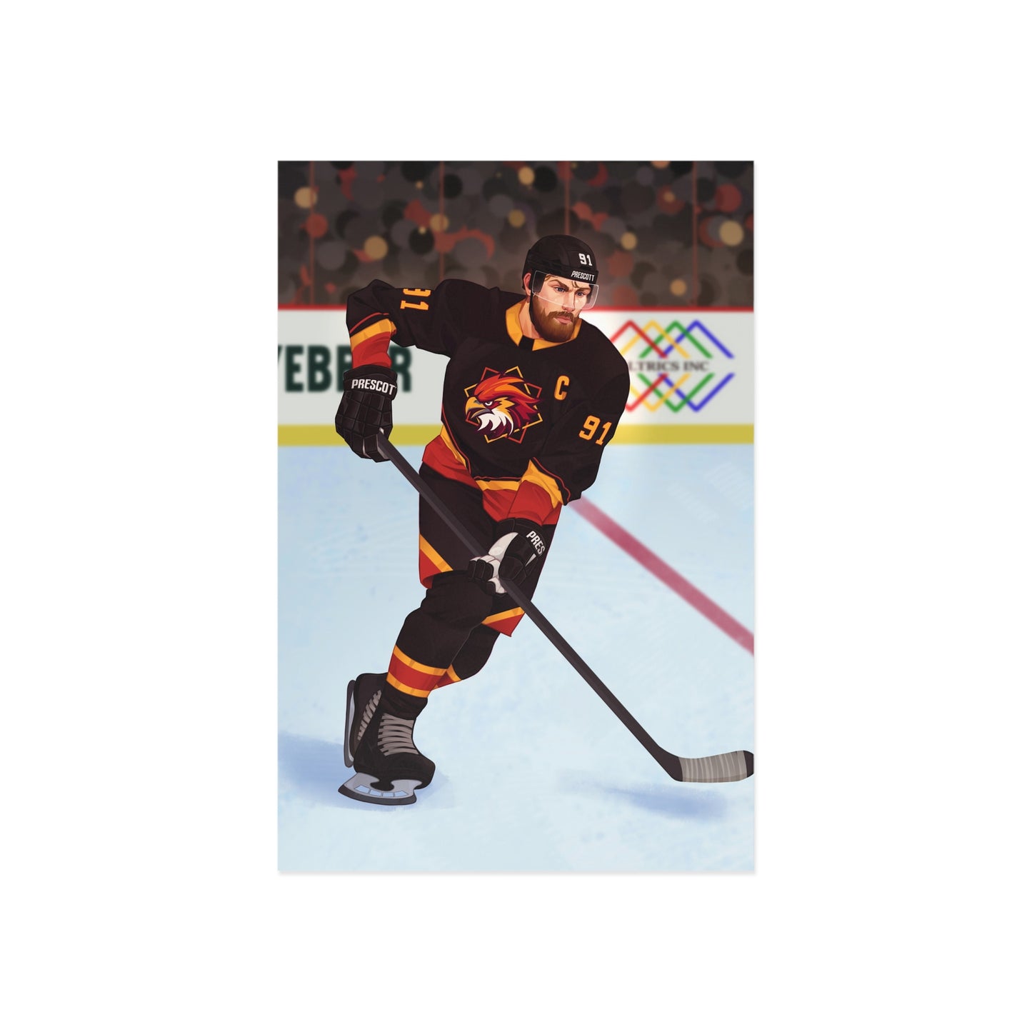 4 by 6 inch art print of illustrated Boston Harriers hockey player in action on an ice rink with a colorful background. Connor O'Shea from Goaltender Interference by Brigham Vaughn