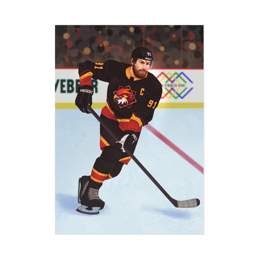 5 by 7 inch art print of illustrated hockey player in action on an ice rink with a colorful background. Connor O'Shea from Goaltender Interference by Brigham Vaughn