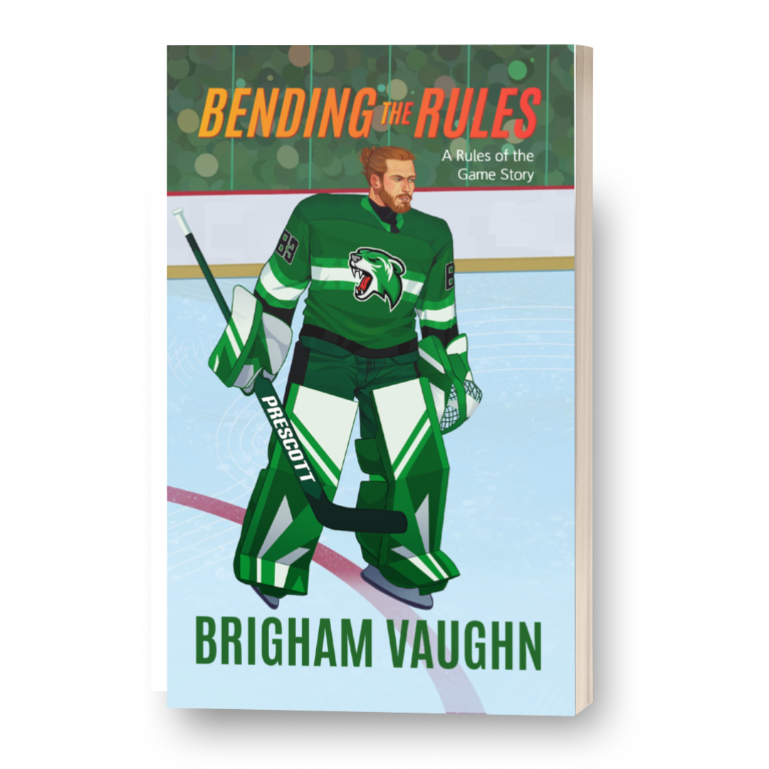 3D Mockup of illustrated signed special edition paperback book cover of 'Bending the Rules' by Brigham Vaughn with a hockey player on a white background