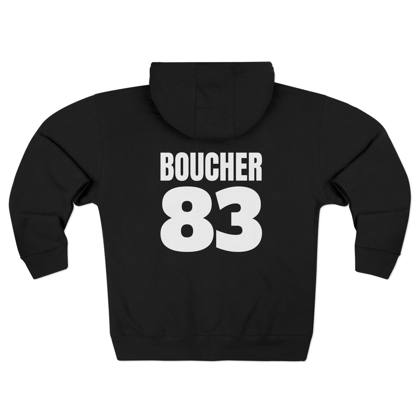 Back of Black Noah Boucher Toronto Fisher Cats Zip Hoodie. White text saying Boucher 83 and white background