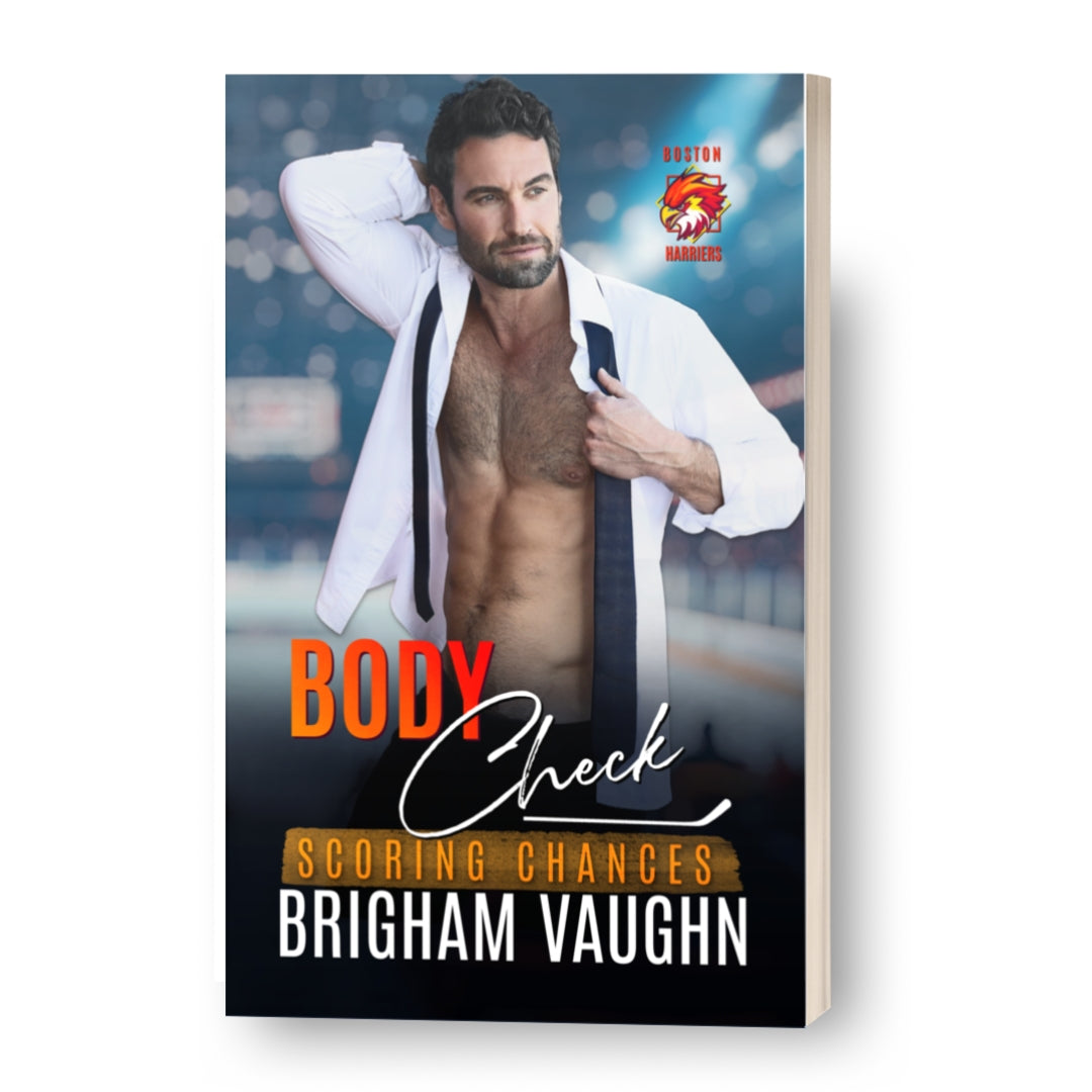 3D mockup of signed paperback book cover of 'Body Check' by Brigham Vaughn with a man in an open white shirt and undone tie.