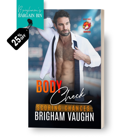 3d mockup of signed paperback 'Body Check' by Brigham Vaughn against white background. Tag saying 25% off.