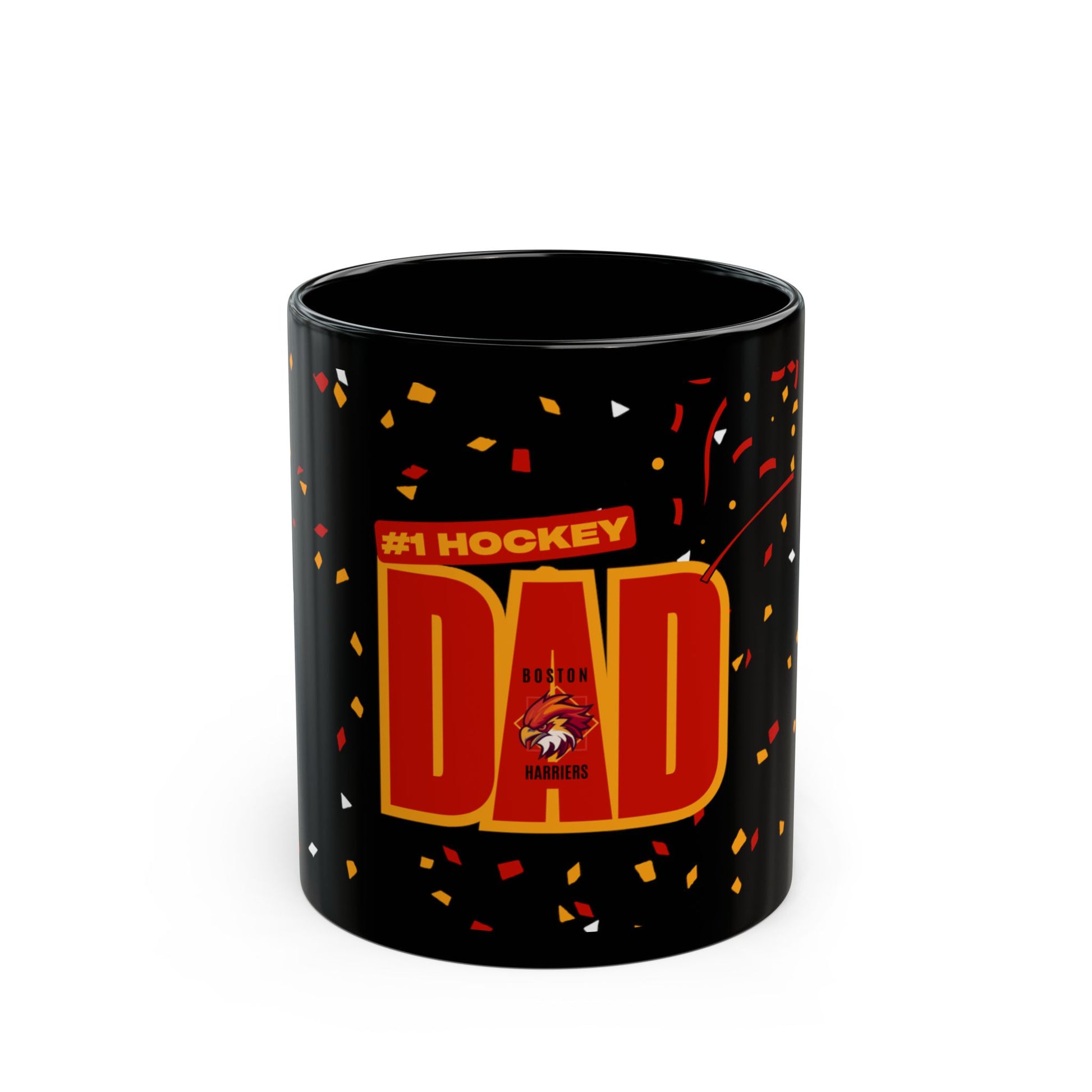 Black mug with red and yellow '#1 Hockey Dad' text, Boston Harrier's logo and confetti design against a white background