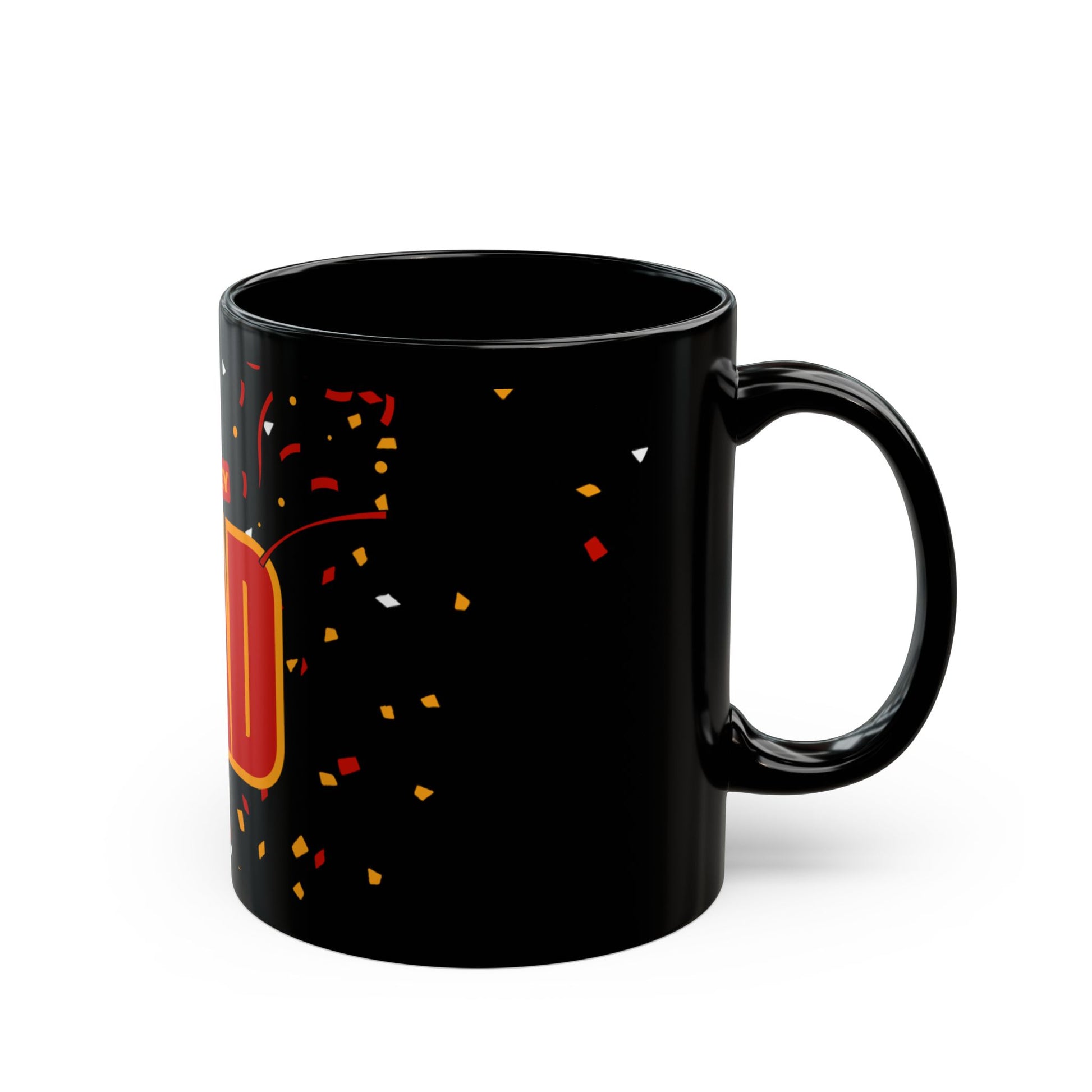 Side view of black mug with red and yellow '#1 Hockey Dad' text, Boston Harrier's logo and confetti design against a white background