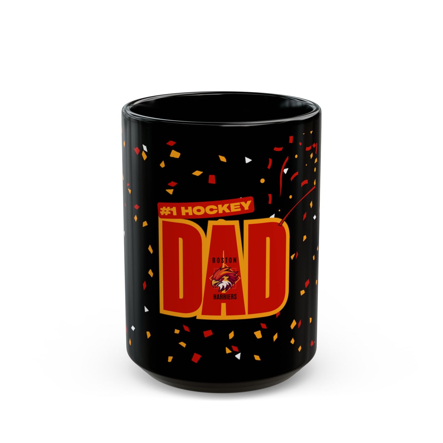 Black mug with red and yellow '#1 Hockey Dad' text, Boston Harrier's logo and confetti design against a white background