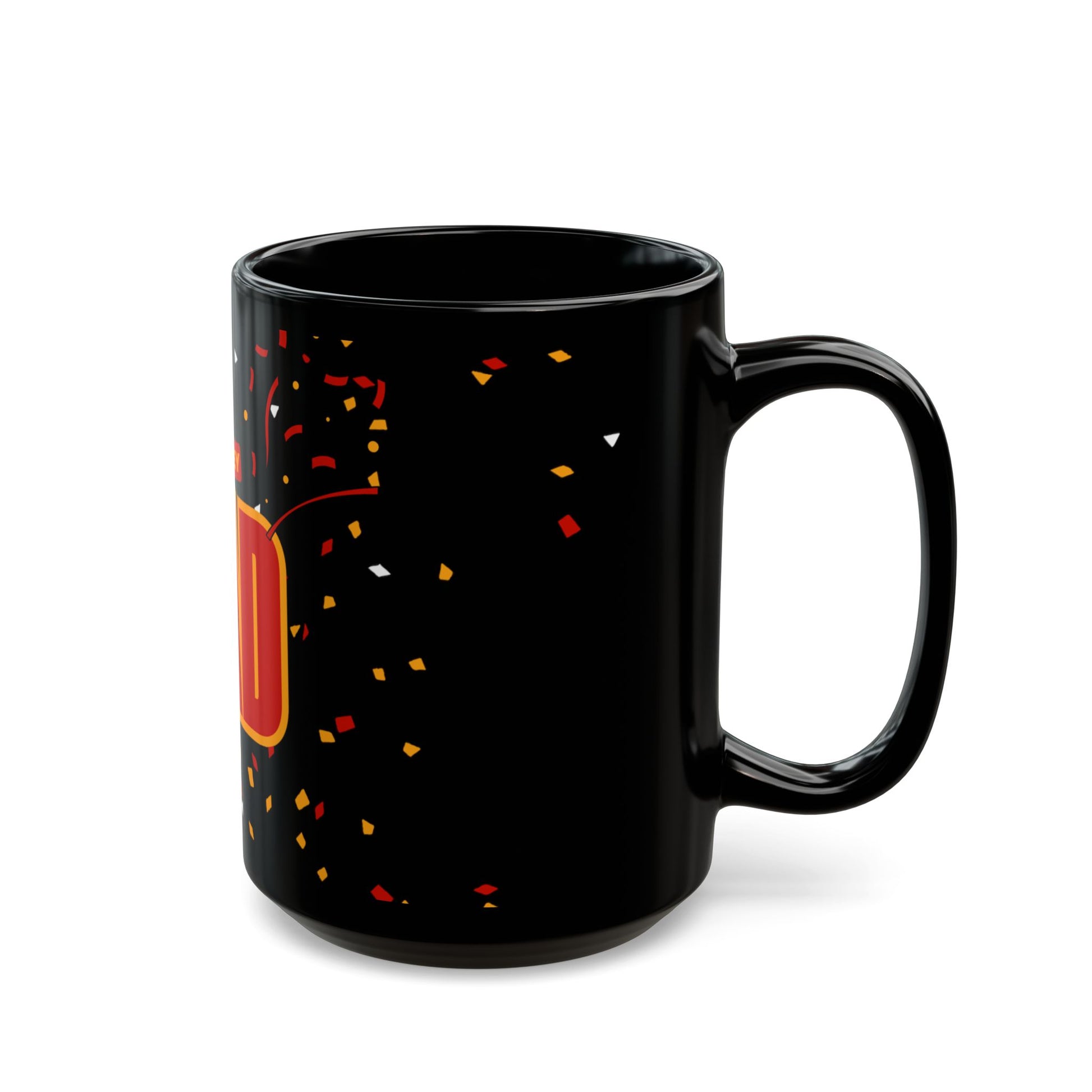 Side view of black mug with red and yellow '#1 Hockey Dad' text, Boston Harrier's logo and confetti design against a white background