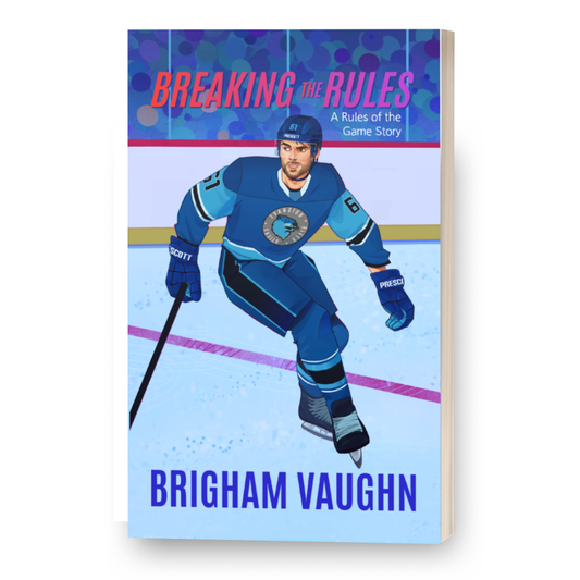 3D Mockup of illustrated signed special edition paperback book cover of 'Breaking the Rules' by Brigham Vaughn with a hockey player on a white background