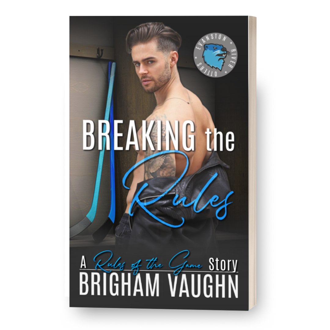 Signed paperback book cover of 'Breaking the Rules' by Brigham Vaughn with a man in a leather jacket.