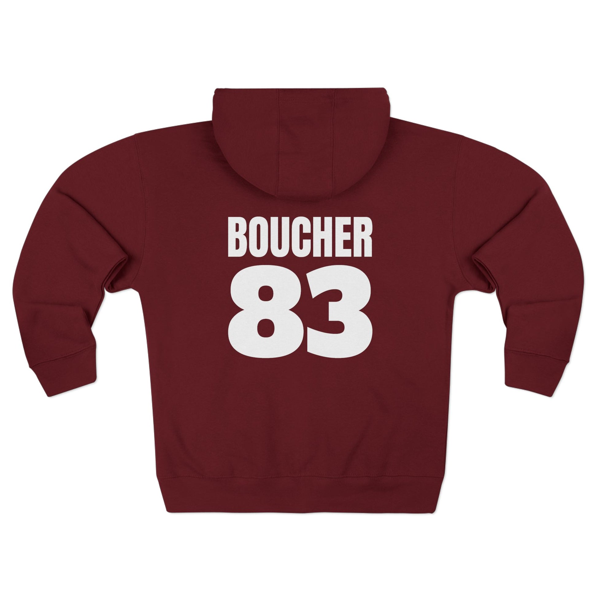 Back of Burgundy Noah Boucher Toronto Fisher Cats Zip Hoodie. White text saying Boucher 83. White background