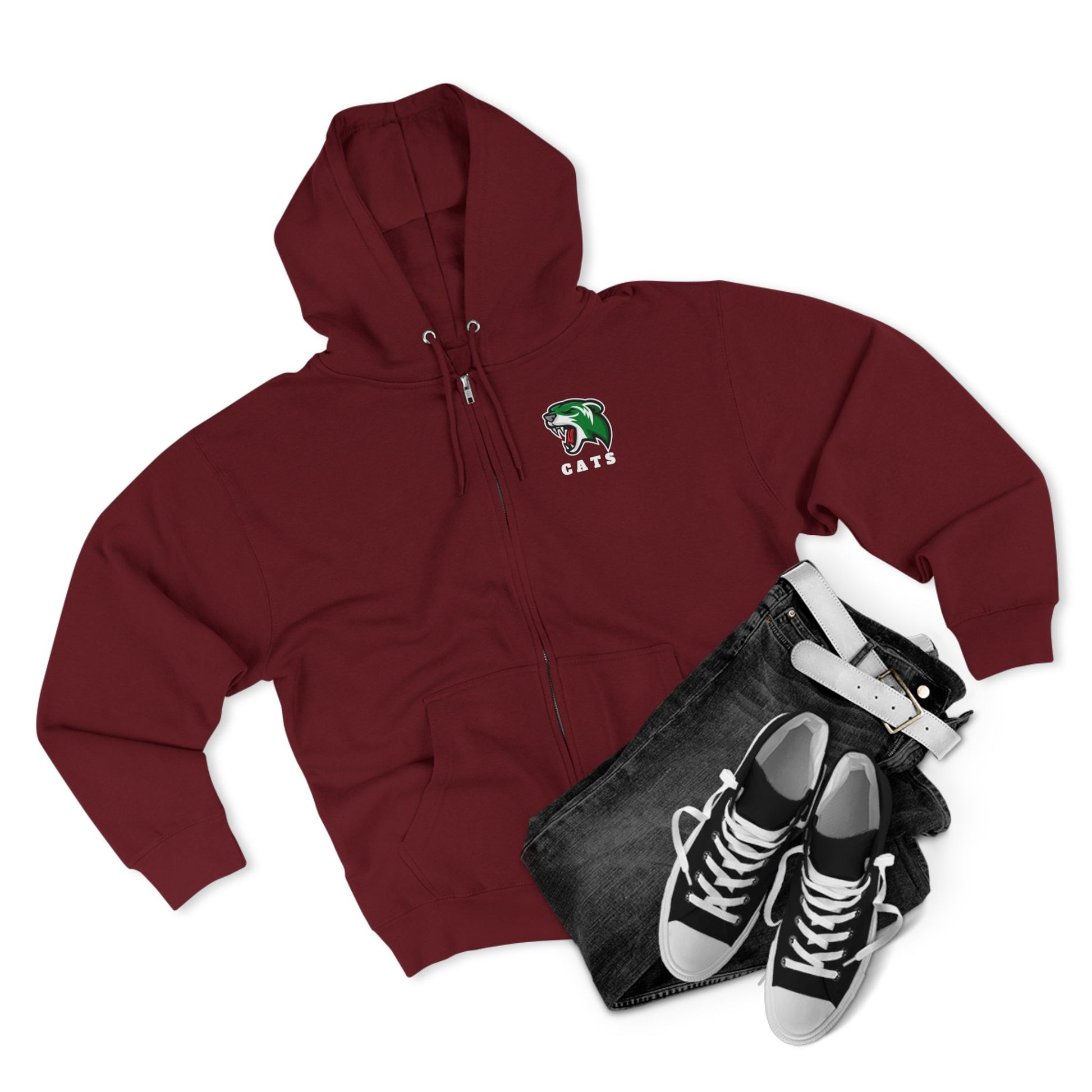 Burgundy Noah Boucher Toronto Fisher Cats Zip Hoodie with grey jeans and black Chuck Taylor shoes. White background