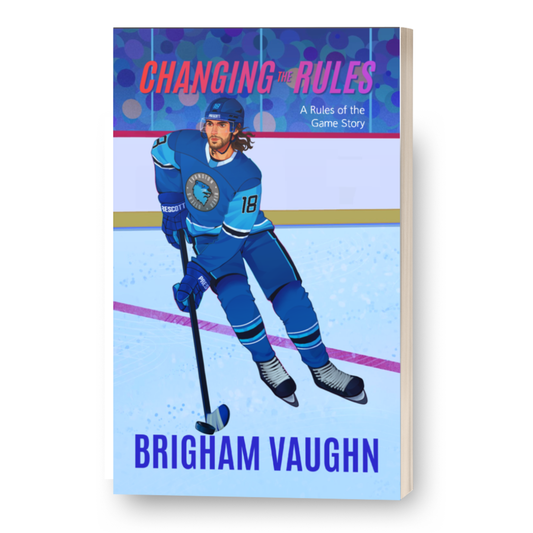 3D Mockup of illustrated signed special edition paperback book cover of 'Changing the Rules' by Brigham Vaughn with a hockey player on a white background