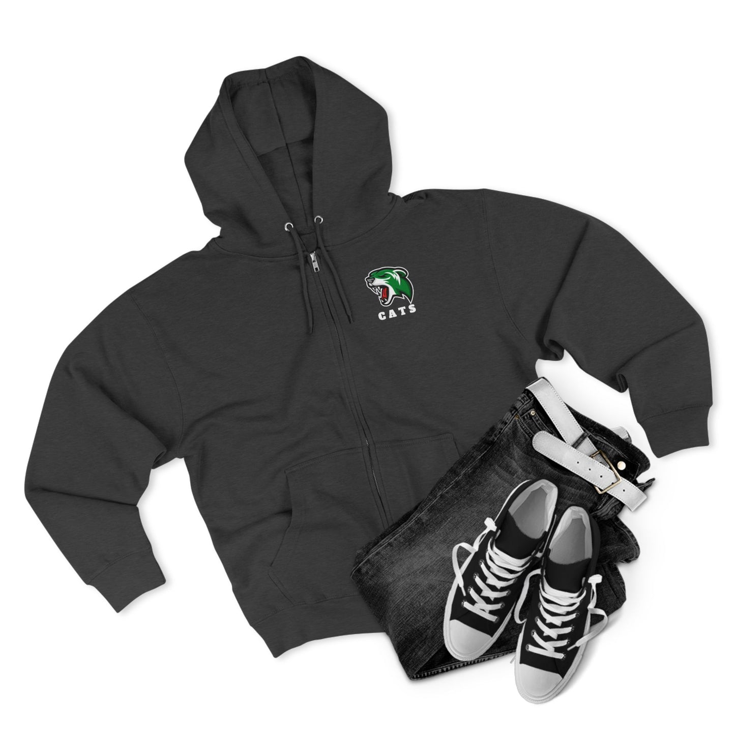 Charcoal Grey Noah Boucher Toronto Fisher Cats Zip Hoodie with grey jeans and black Chuck Taylor shoes