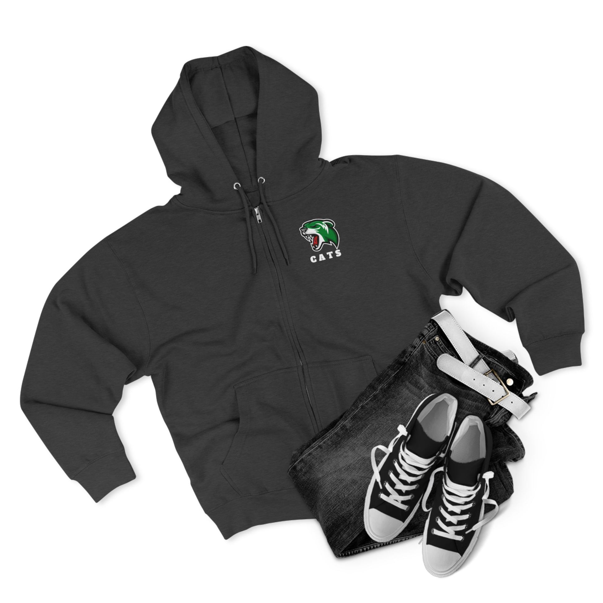 Charcoal Grey Noah Boucher Toronto Fisher Cats Zip Hoodie with grey jeans and black Chuck Taylor shoes