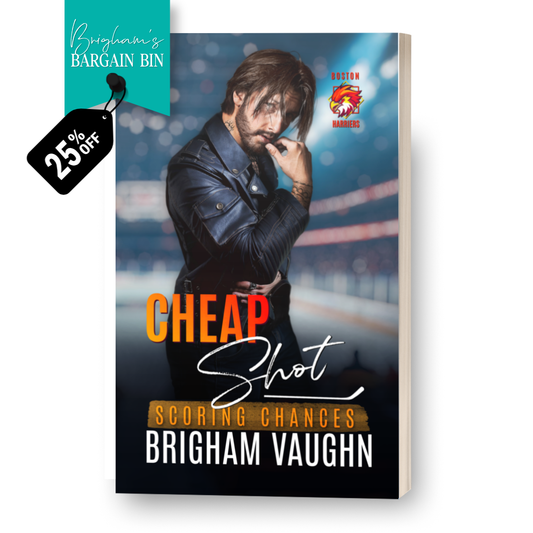Signed paperback book cover mockup of 'Cheap Shot' by Brigham Vaughn with promotional tag saying 25% off on a white background