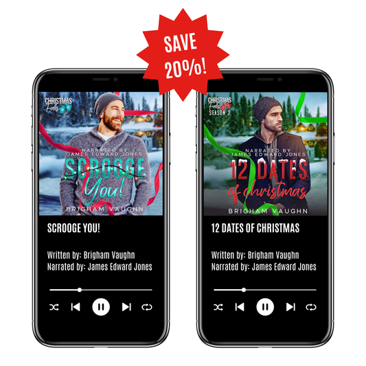 Two smartphone screens displaying audiobook covers  for Scrooge You and 12 Dates of Christmas by Brigham Vaughn. Promotional text on a white background saying Save 20%