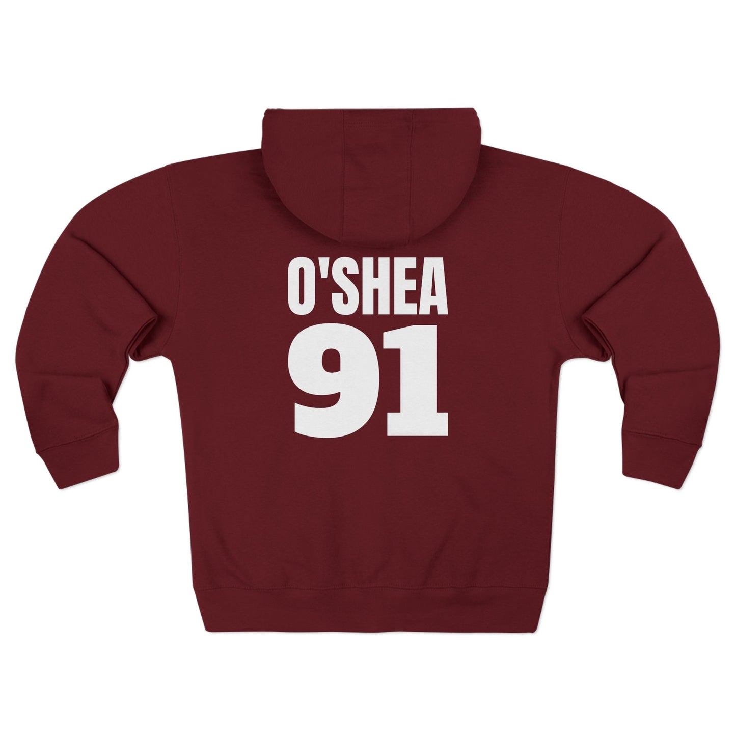 Burgundy hoodie with 'O'SHEA 91' printed on the back against a white background
