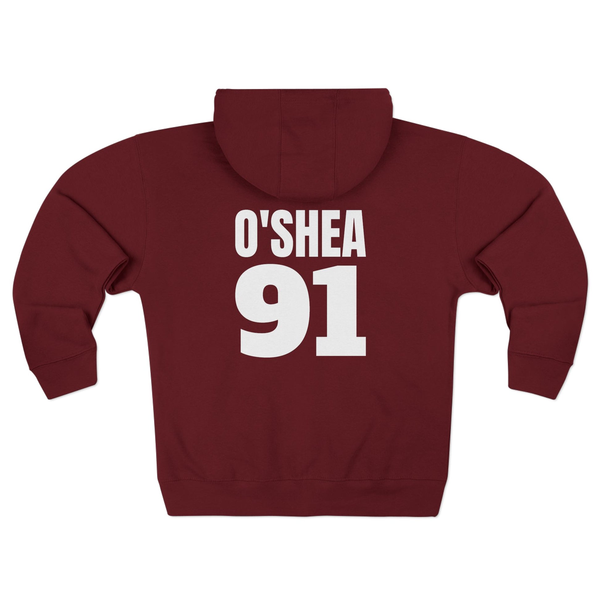 Burgundy hoodie with 'O'SHEA 91' printed on the back against a white background