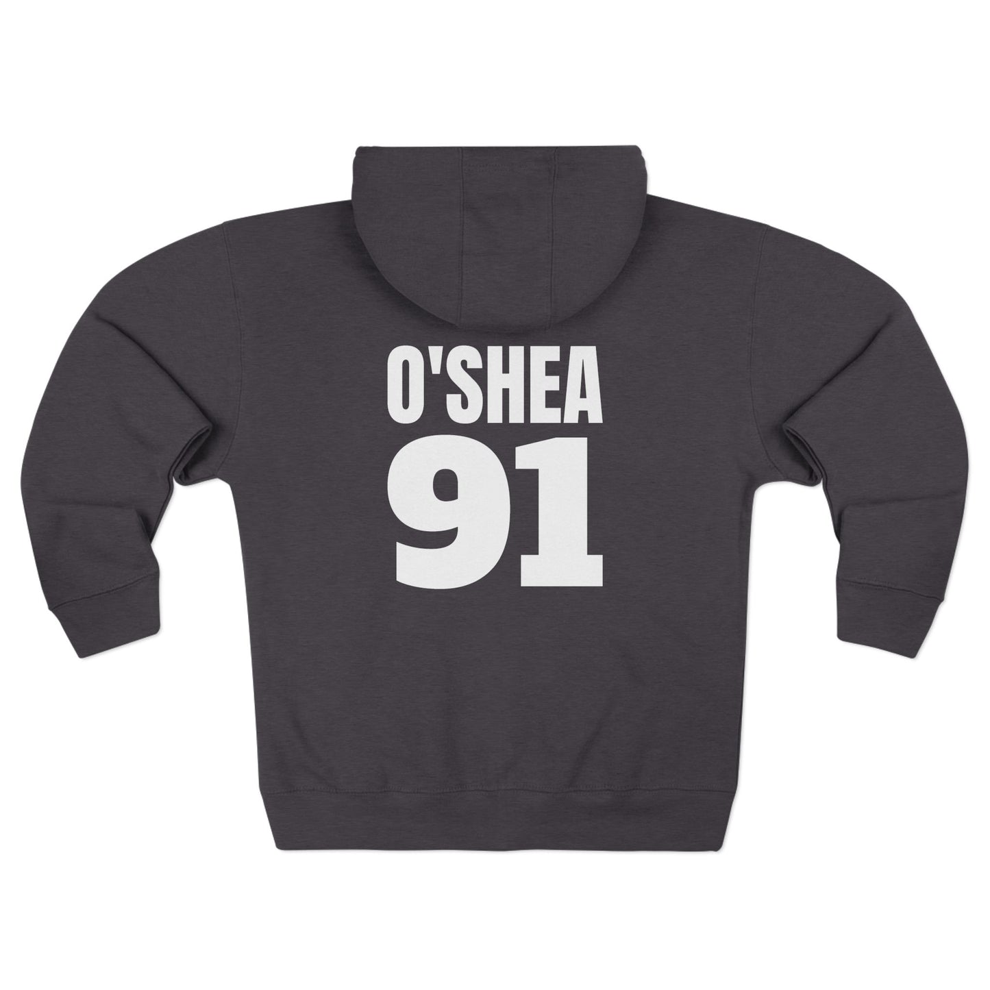 Charcoal heather hoodie with 'O'SHEA 91' printed on the back against a white background
