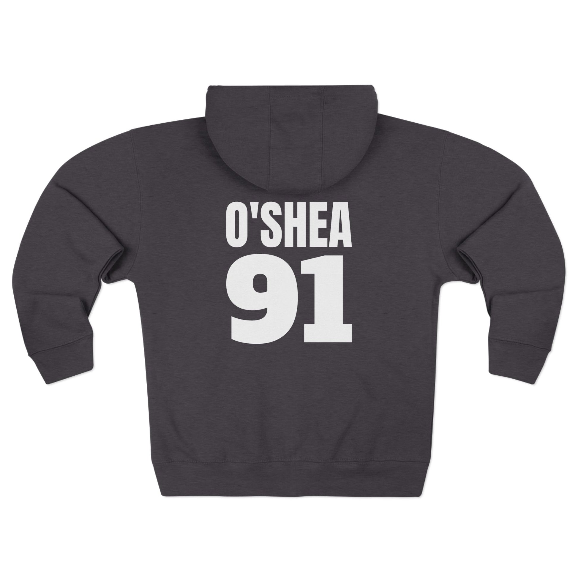 Charcoal heather hoodie with 'O'SHEA 91' printed on the back against a white background