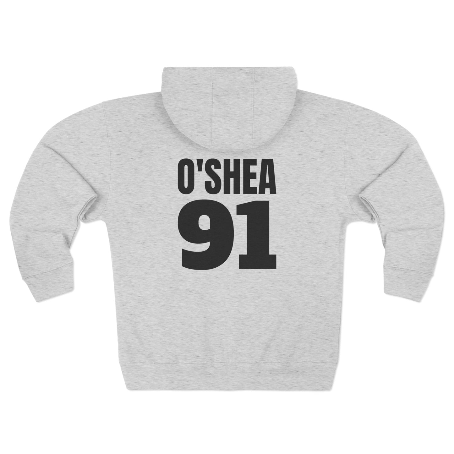 Heather grey hoodie with 'O'SHEA 91' printed on the back against a white background