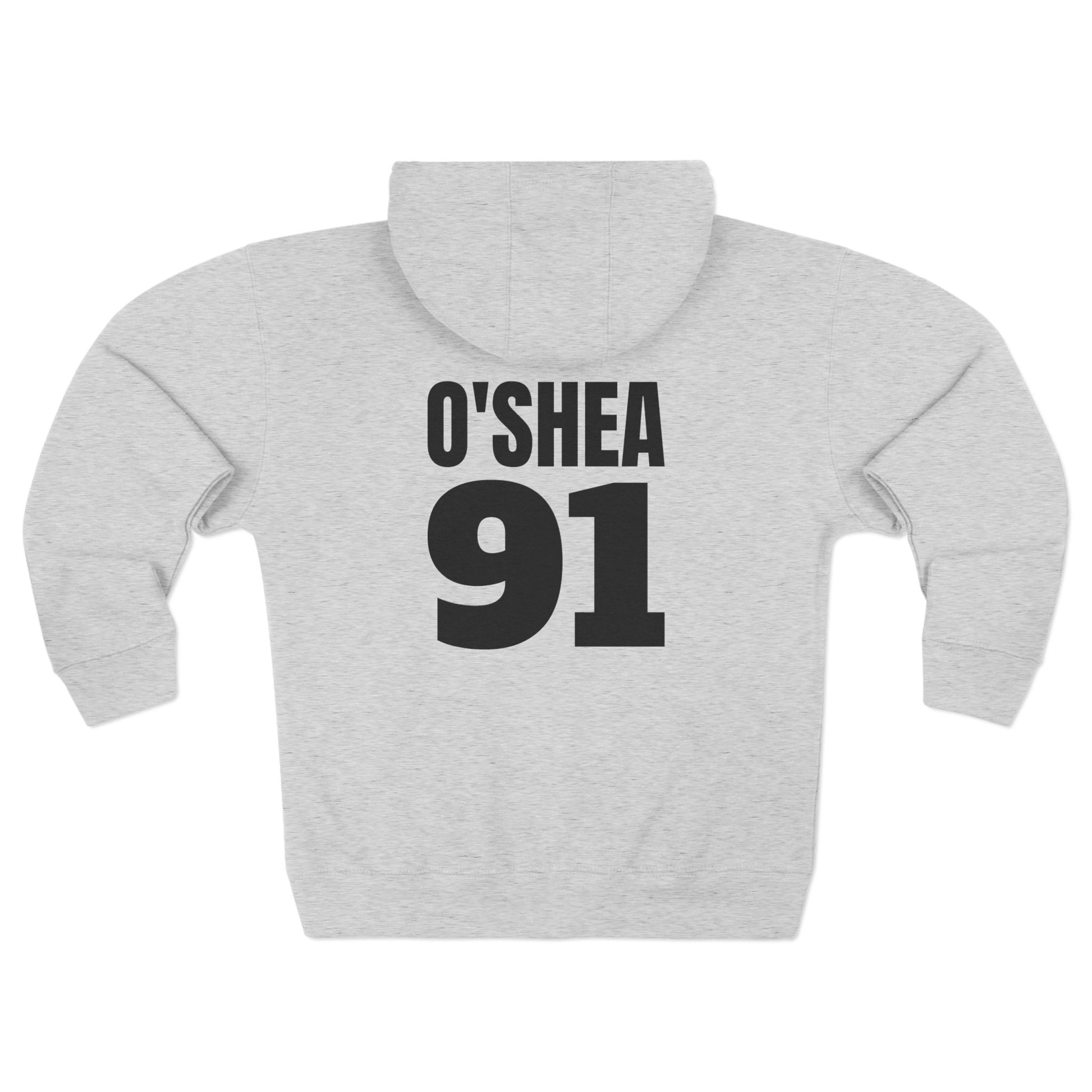 Heather grey hoodie with 'O'SHEA 91' printed on the back against a white background