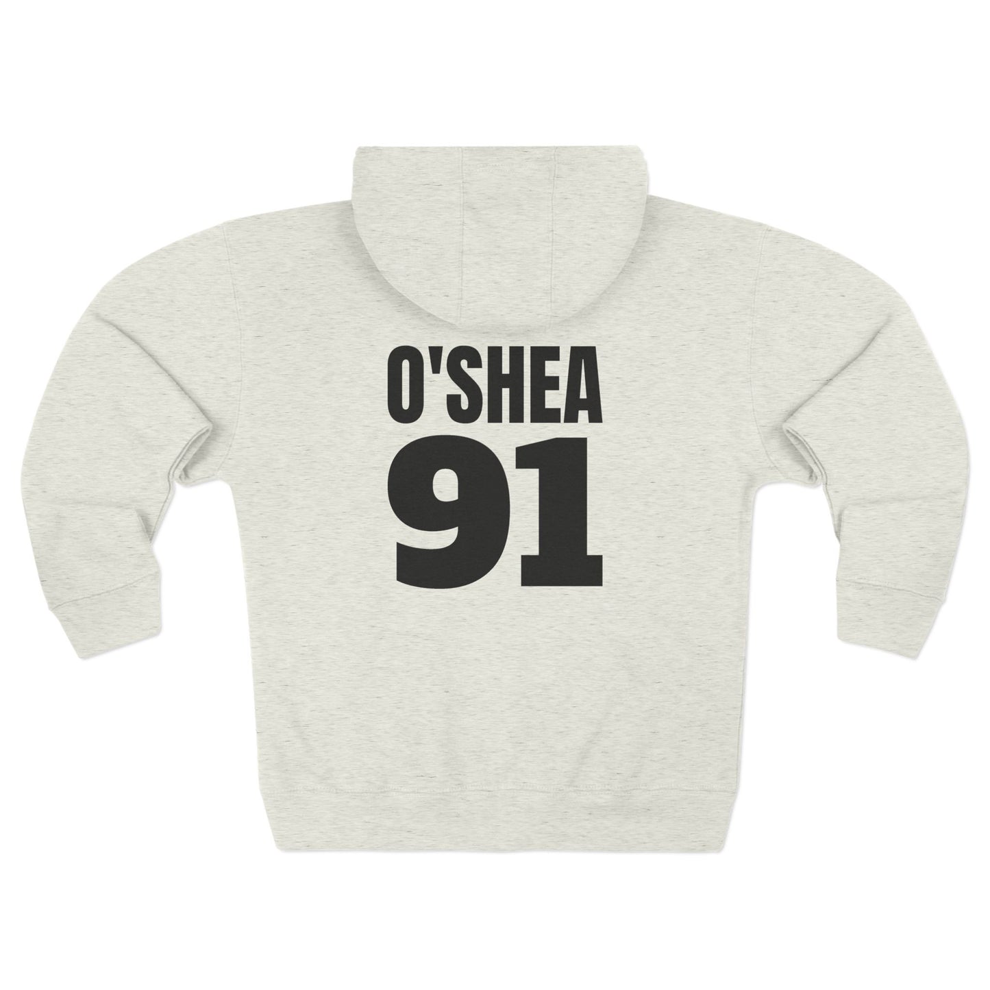 Oatmeal heather hoodie with 'O'SHEA 91' printed on the back against a white background