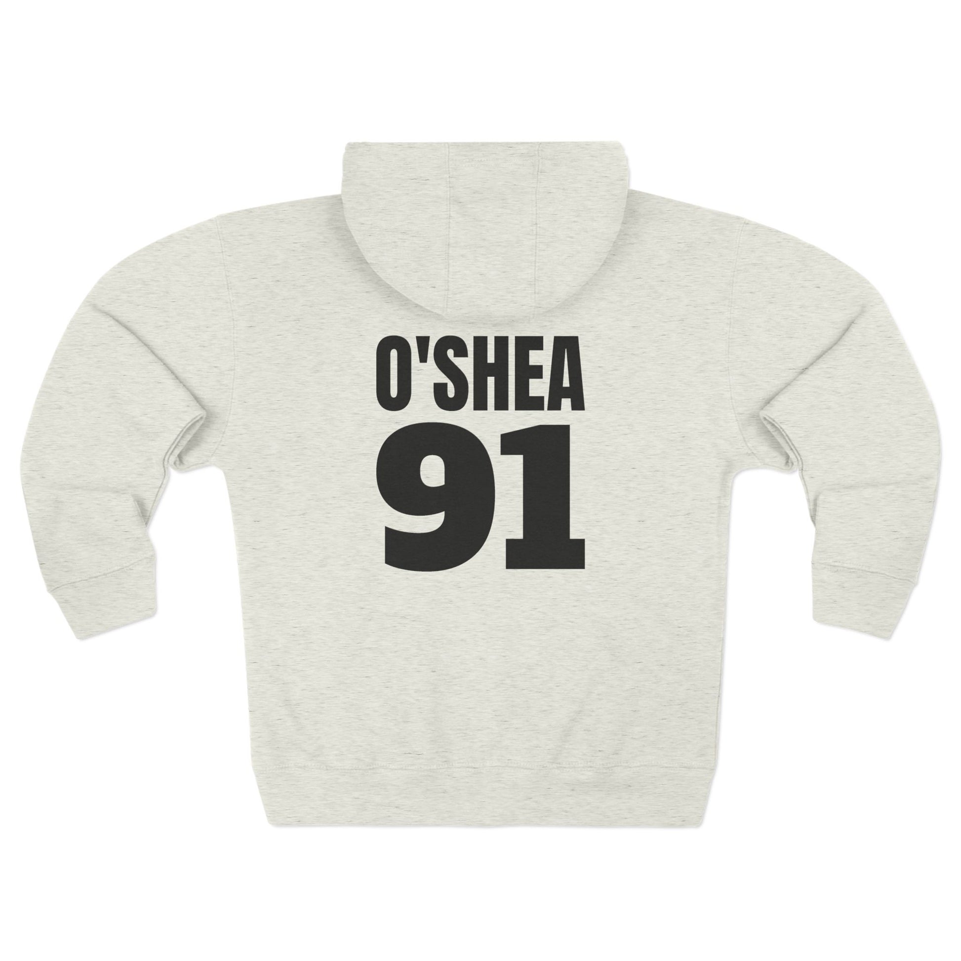 Oatmeal heather hoodie with 'O'SHEA 91' printed on the back against a white background