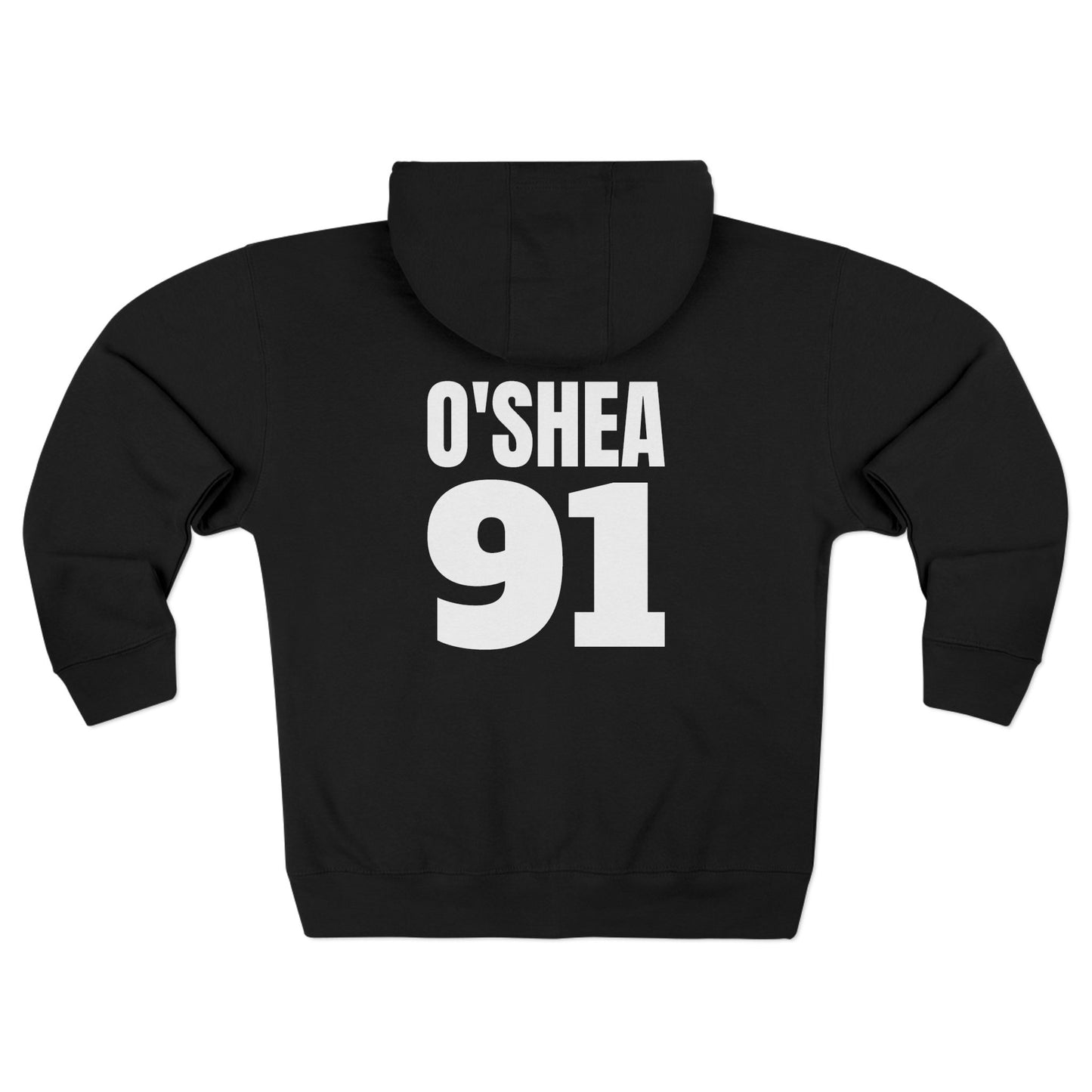 Black hoodie with 'O'SHEA 91' printed on the back against a white background 