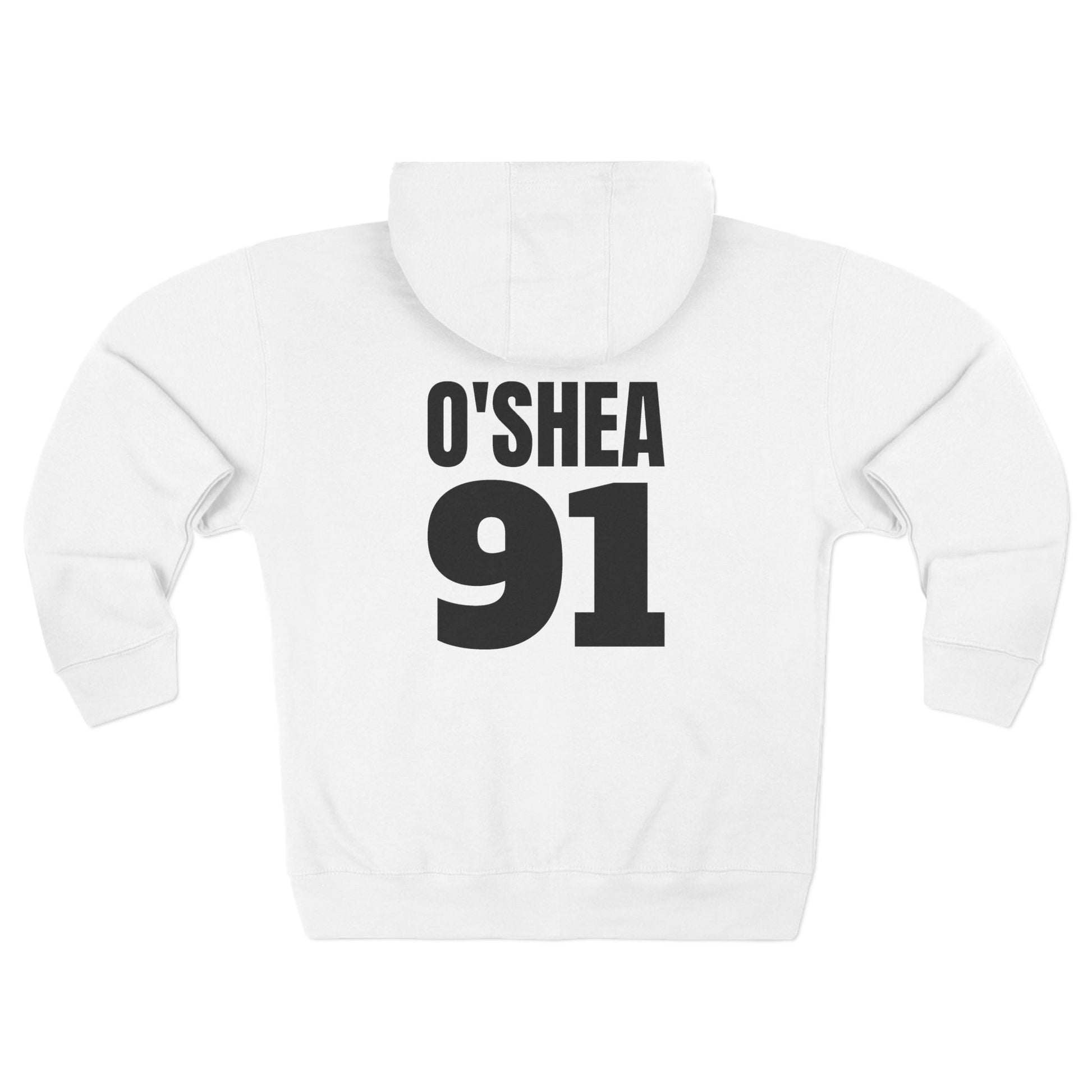 White hoodie with 'O'SHEA 91' printed on the back against a white background