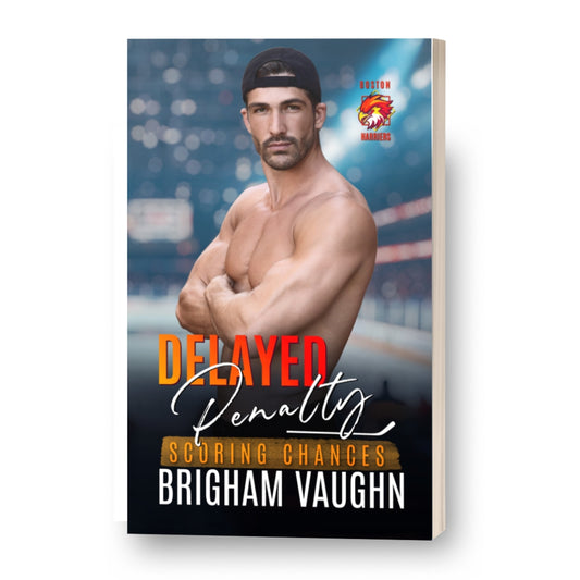 3d mockup of signed paperback book cover featuring a shirtless man with 'Delayed Penalty' by Brigham Vaughn text.