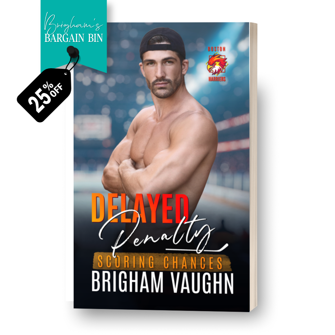 3D mockup of signed paperback book 'Delayed Penalty' by Brigham Vaughn. Tag saying 25% off.
