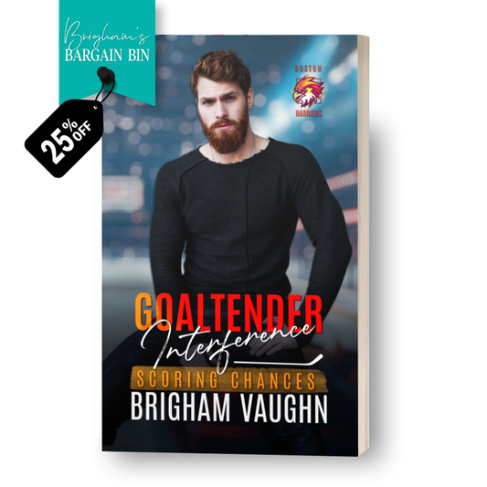 Mockup of signed paperback  of 'Goaltender Interference' by Brigham Vaughn. Tag saying 25% off.
