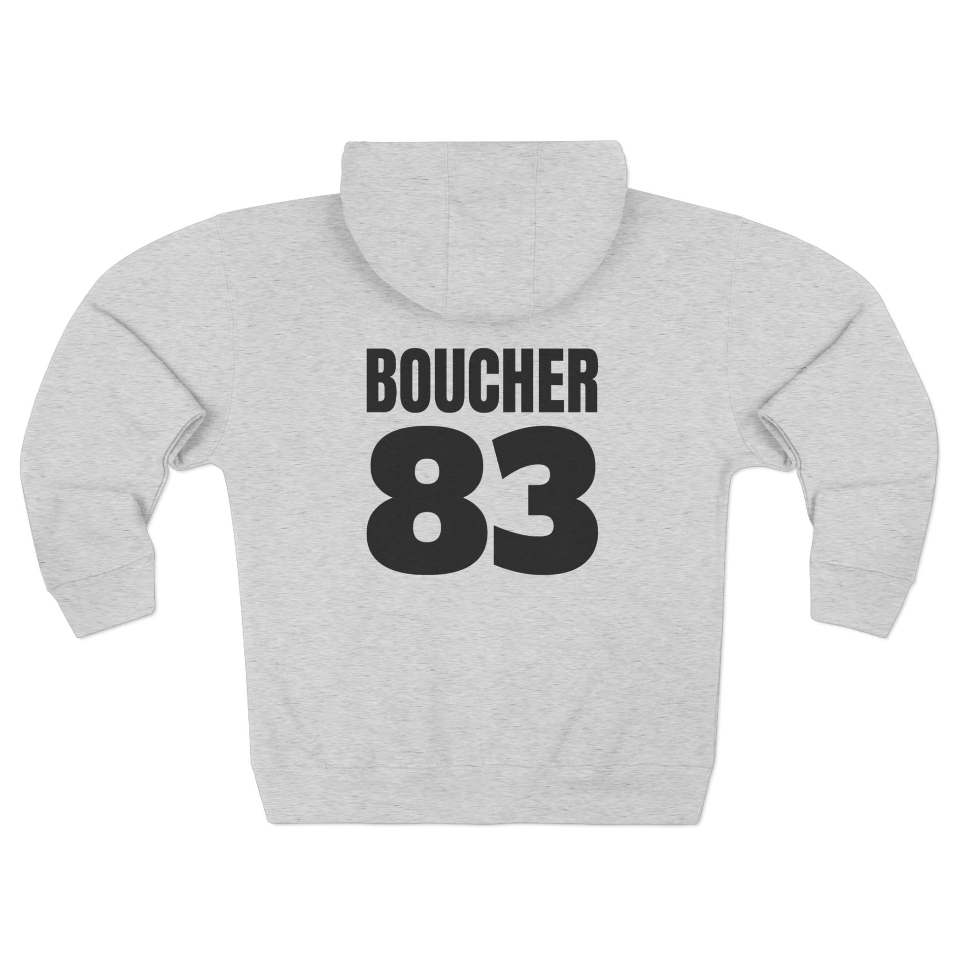 Back of Heather Grey Noah Boucher Toronto Fisher Cats Zip Hoodie. Black text saying Boucher 83. White background. 