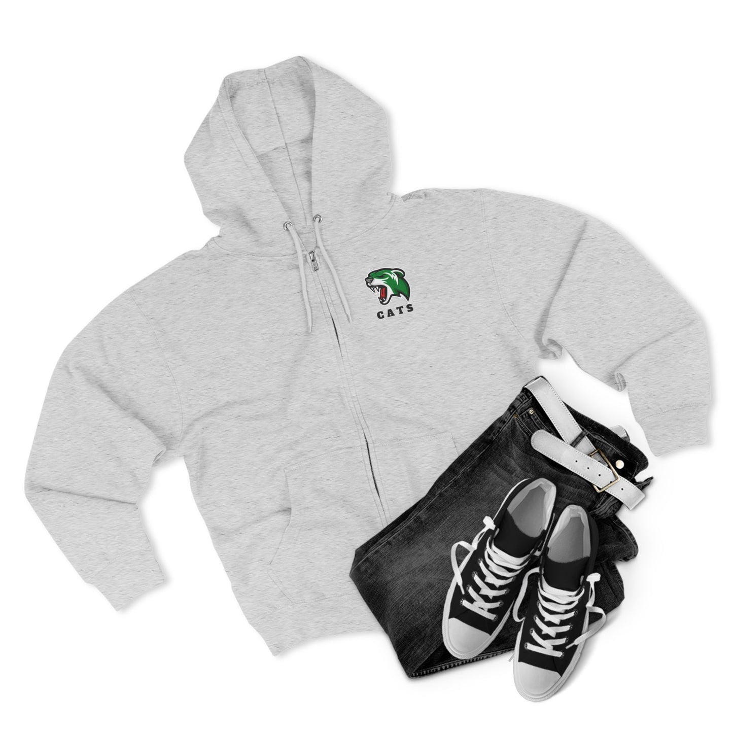 Heather Grey Noah Boucher Toronto Fisher Cats Zip Hoodie with grey jeans and black Chuck Taylor shoes on white background