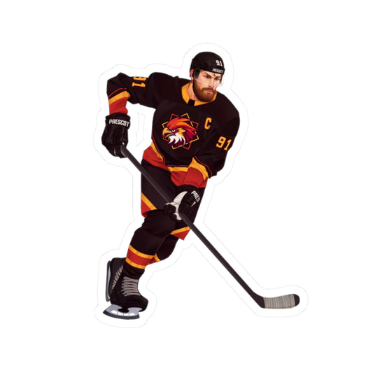 Illustration of a hockey player in a black, red, and gold uniform with a hawk on the chest and C above it. Depicting Connor O'Shea from mm hockey romance Goaltender Interference Book #1 in Brigham Vaughn's Scoring Chances Series.