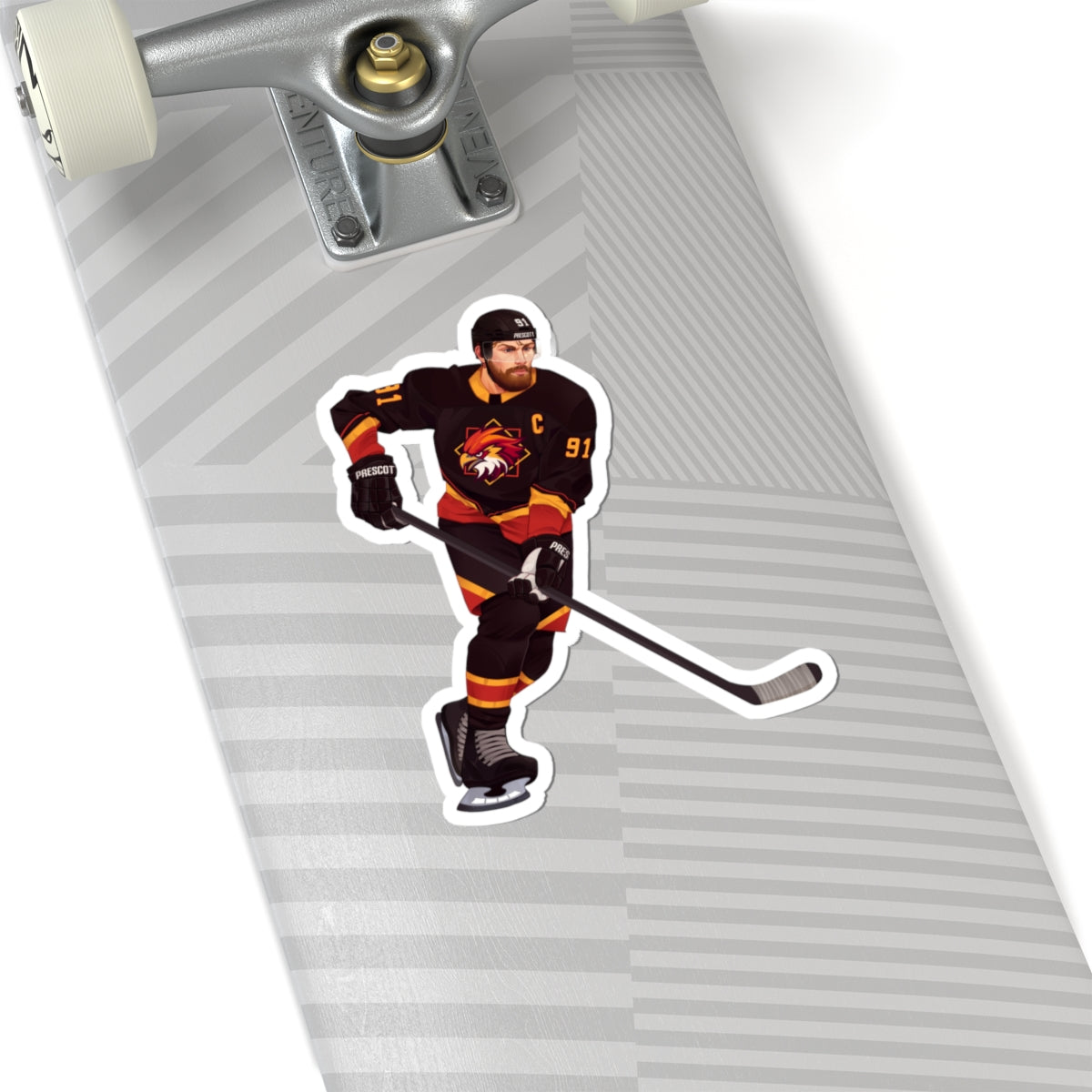 Illustration of a hockey player in a black, red, and gold uniform with a hawk on the chest and C above it. Depicting Connor O'Shea from mm hockey romance Goaltender Interference Book #1 in Brigham Vaughn's Scoring Chances Series. Displayed on skateboard