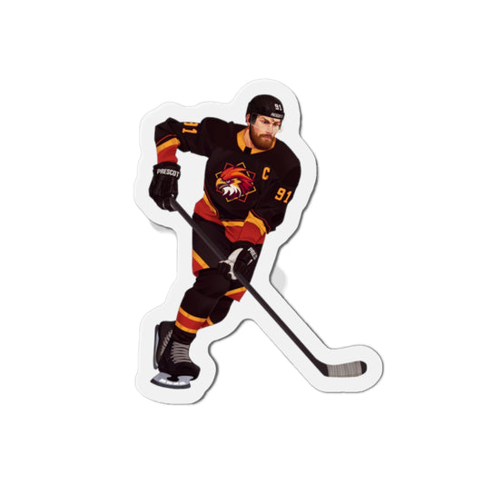 Illustration of a hockey player in a black, red, and gold uniform with a hawk on the chest and C above it. Depicting Connor O'Shea from mm hockey romance Goaltender Interference Book #1 in Brigham Vaughn's Scoring Chances Series.