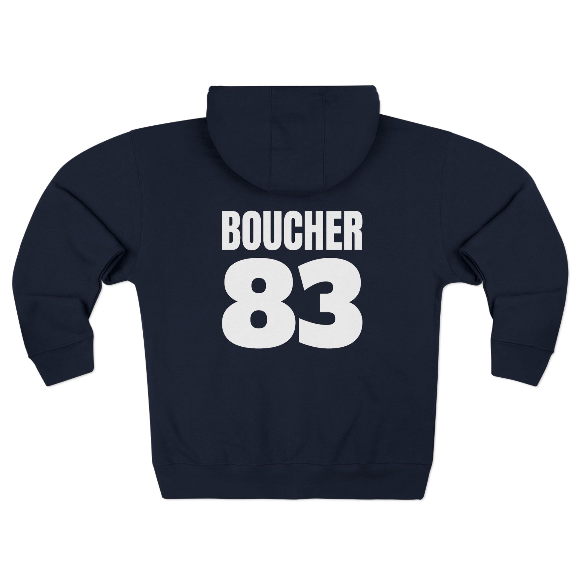 Back of Navy Noah Boucher Toronto Fisher Cats Zip Hoodie. White text saying Boucher 83. White background.