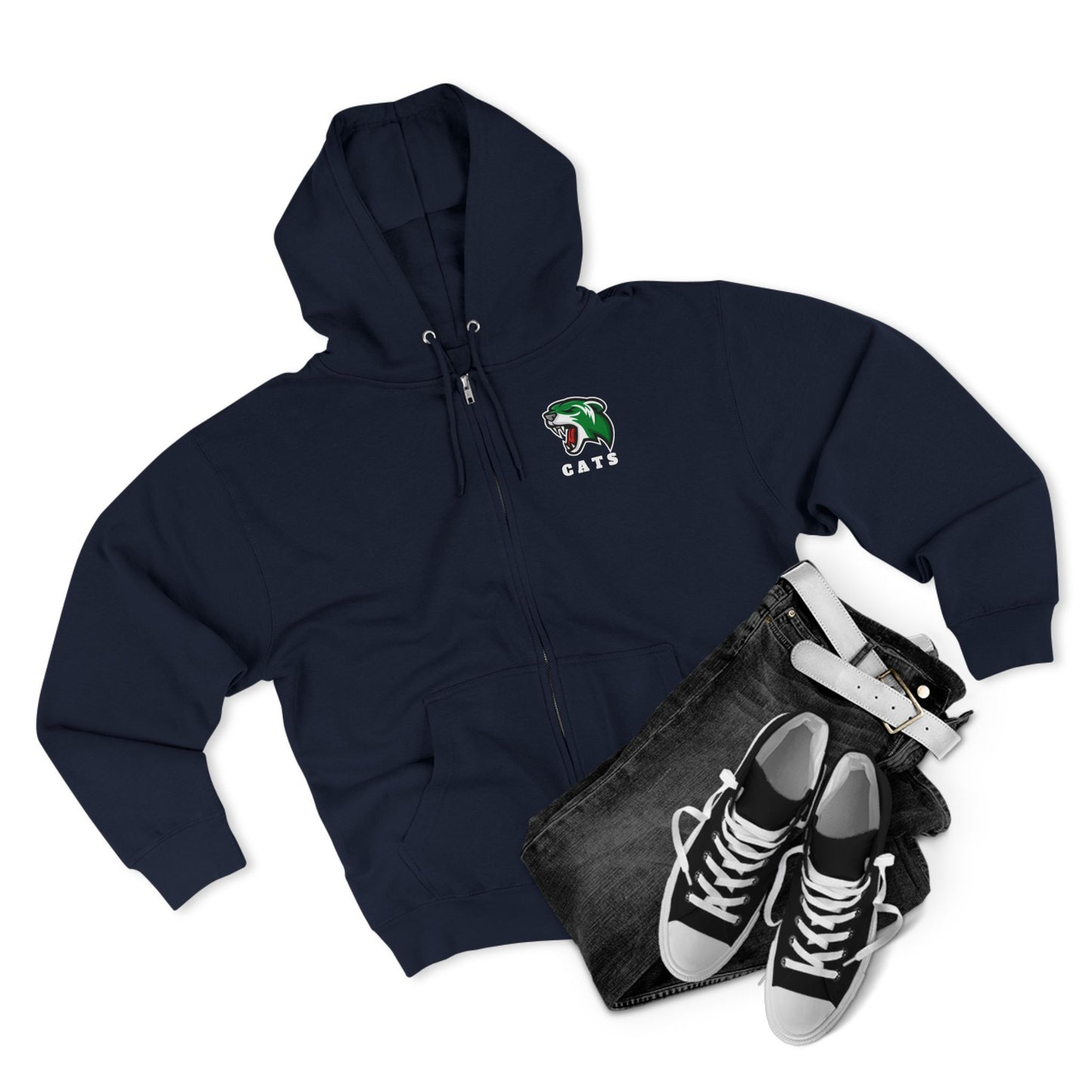 Navy Noah Boucher Toronto Fisher Cats Zip Hoodie with grey jeans and black Chuck Taylor shoes on white background