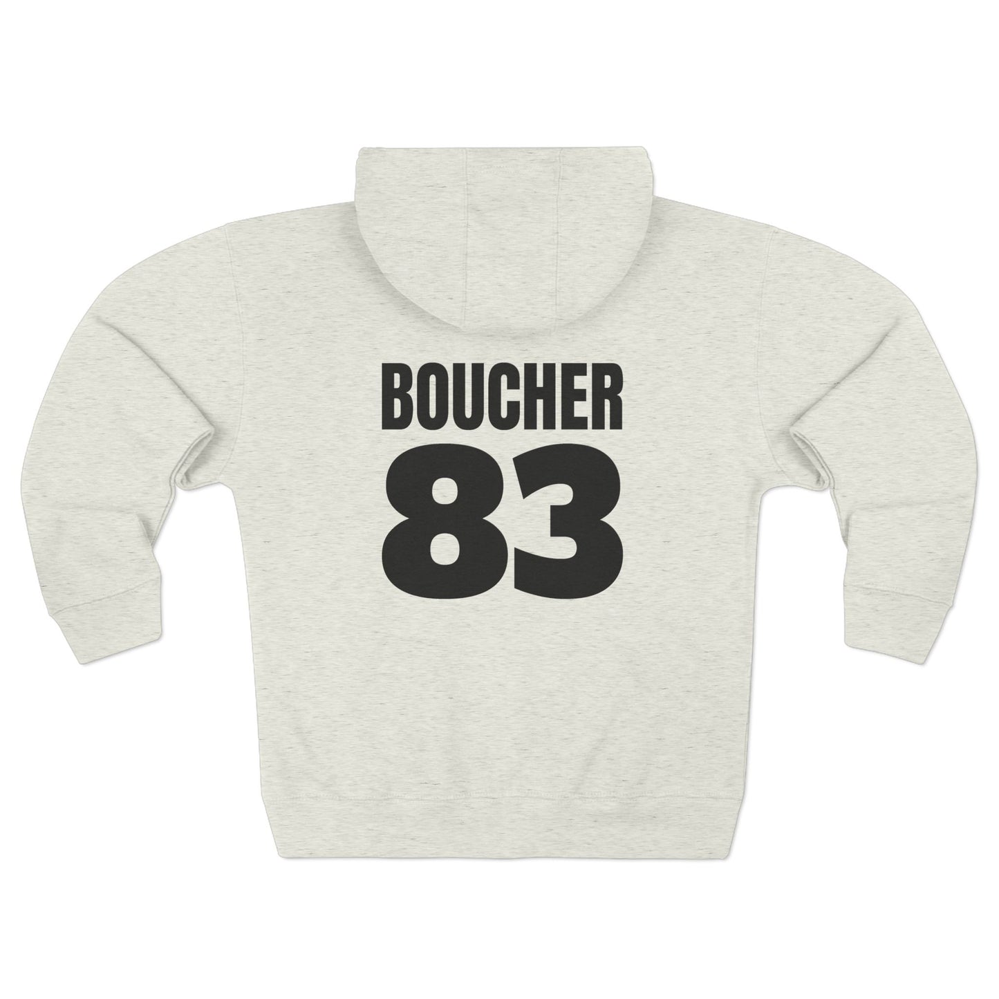 Back of Oatmeal Heather Noah Boucher Toronto Fisher Cats Zip Hoodie with black text saying Boucher 83. White background.