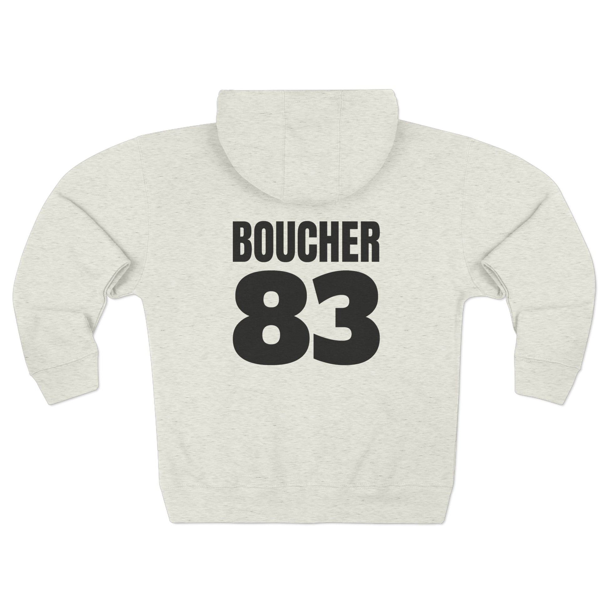 Back of Oatmeal Heather Noah Boucher Toronto Fisher Cats Zip Hoodie with black text saying Boucher 83. White background.