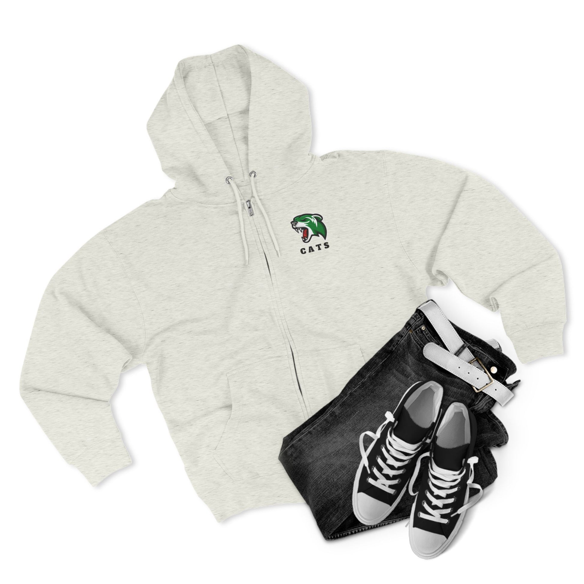 Oatmeal Heather Noah Boucher Toronto Fisher Cats Zip Hoodie with grey jeans and black Chuck Taylor shoes. White background.