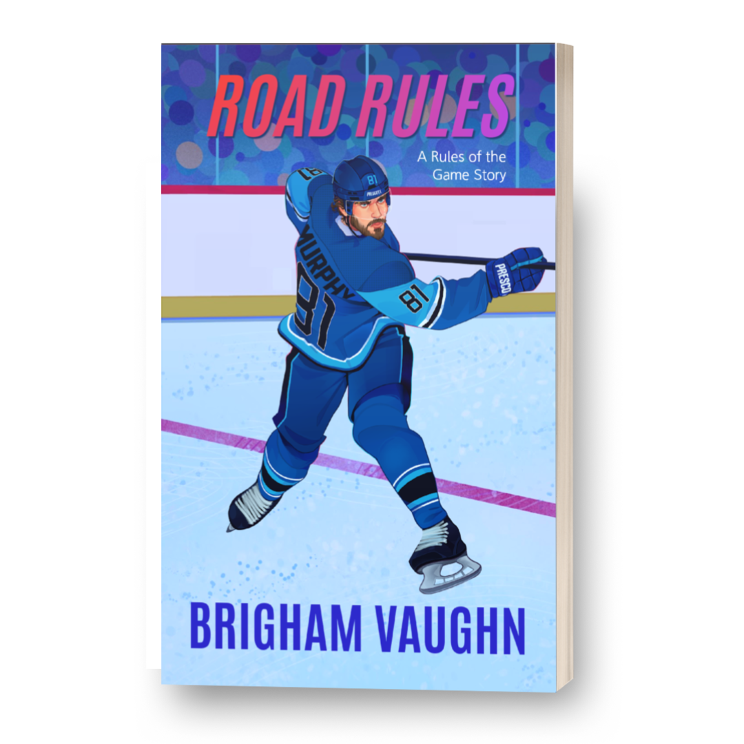 3D Mockup of illustrated signed special edition paperback book cover of 'Road Rules' by Brigham Vaughn with a hockey player on a white background