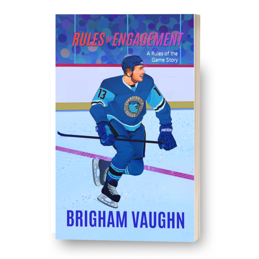 3D Mockup of illustrated signed special edition paperback book cover of 'Rules of Engagement' by Brigham Vaughn with a hockey player on a white background