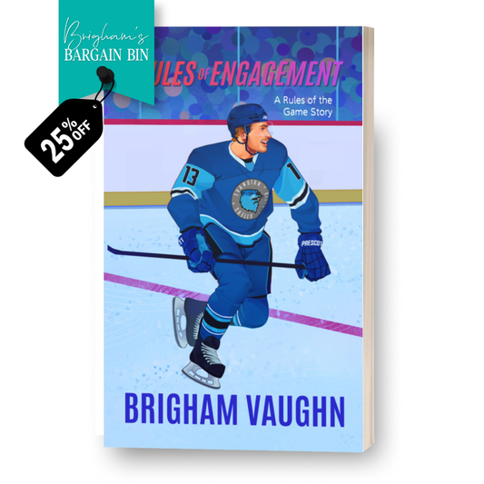 Illustrated special edition paperback book cover of 'Rules of Engagement' by Brigham Vaughn with a hockey player illustration on a blue background. Tag saying 25% off