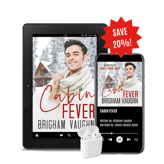 Tablet, smartphone, and earbuds displaying 'Cabin Fever' by Brigham Vaughn with a 20% off promotion.