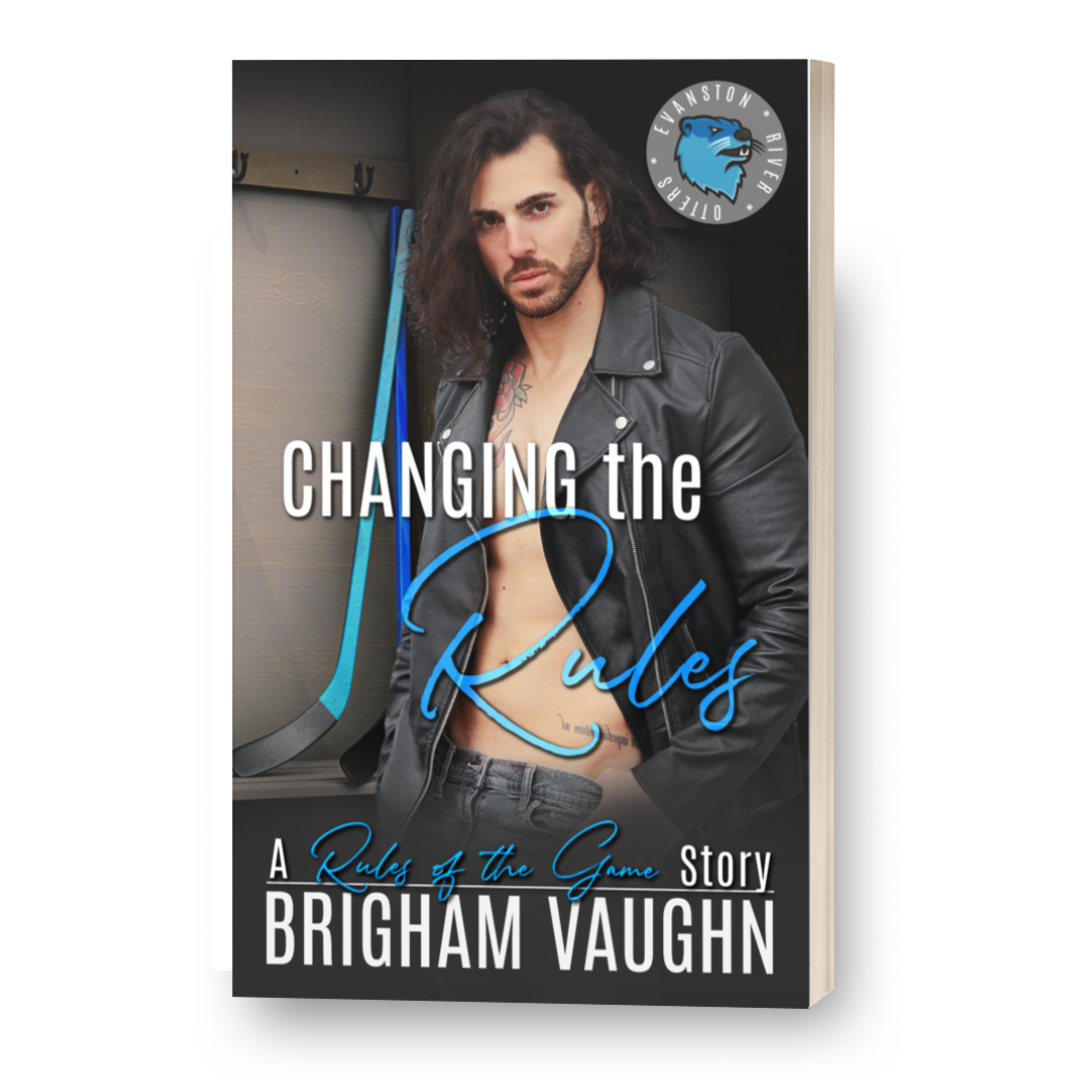 Signed paperback book cover of 'Changing the Rules' by Brigham Vaughn featuring a man in a leather jacket and hockey sticks
