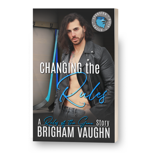 Signed paperback book cover of 'Changing the Rules' by Brigham Vaughn featuring a man in a leather jacket and hockey sticks